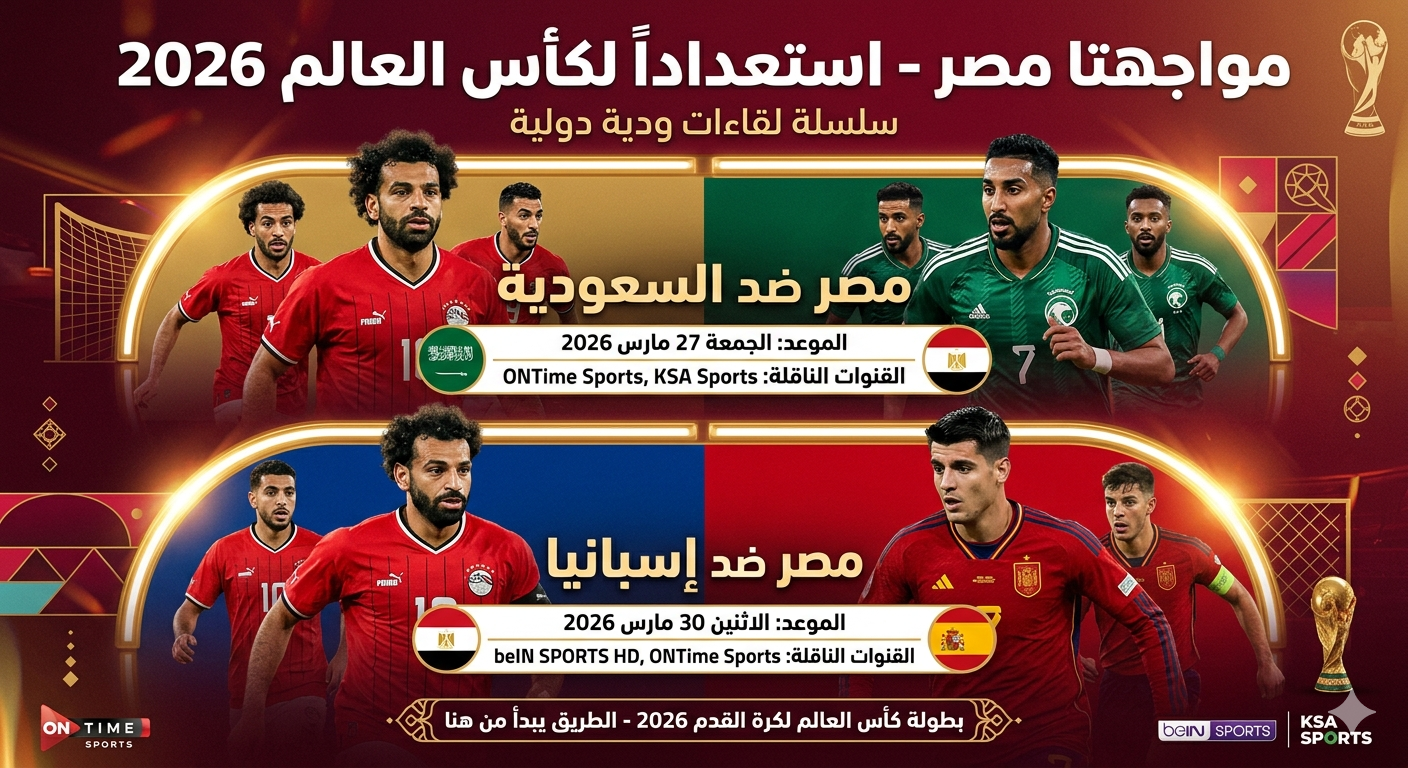 بالموعد والقنوات الناقلة.. مواجهتا مصر أمام السعودية وإسبانيا استعدادًا لكأس العالم