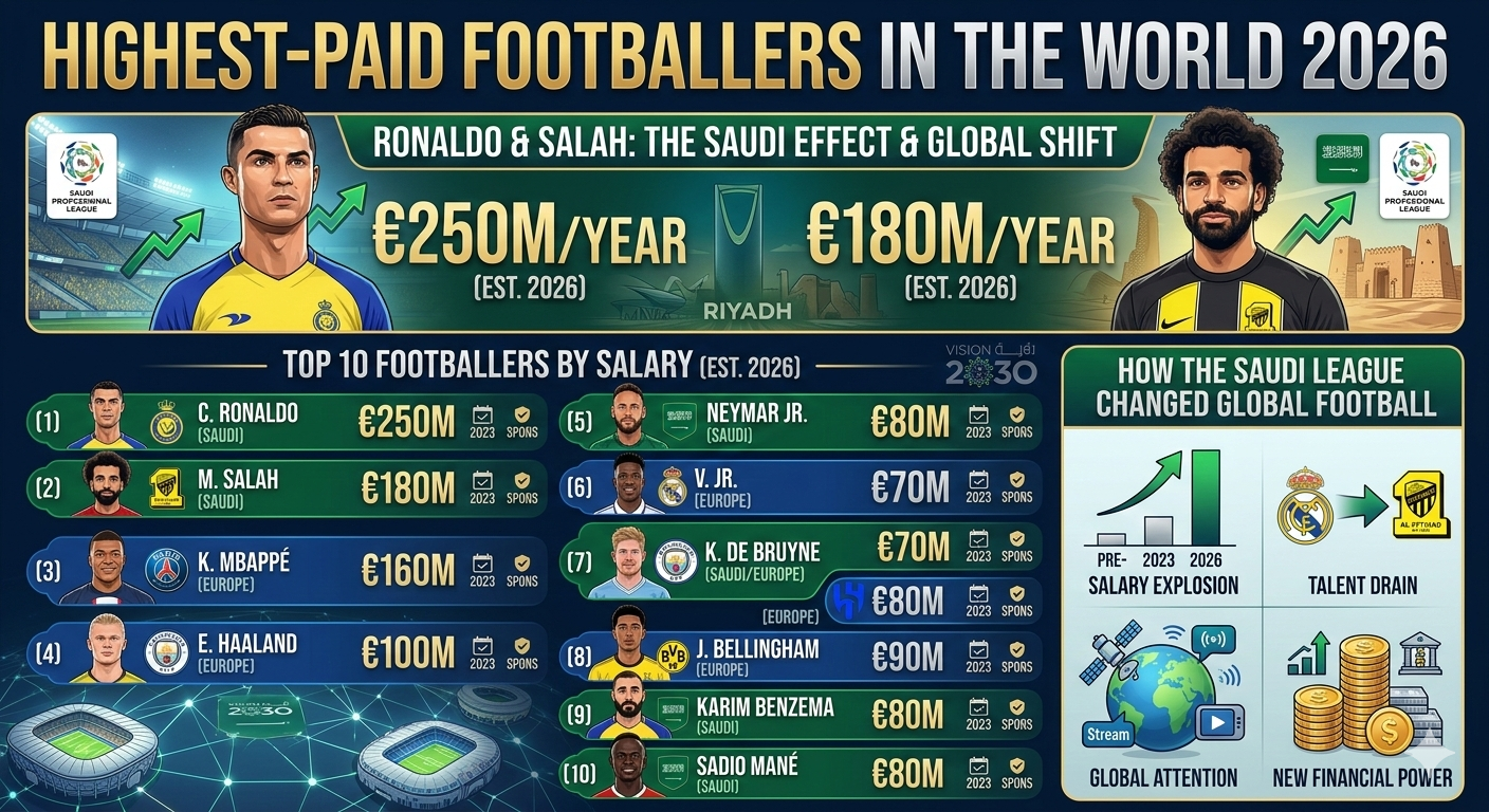 أعلى 10 لاعبين أجراً في العالم 2026: رواتب رونالدو وصلاح وكيف غير الدوري السعودي الكرة العالمية أعلى 10 لاعبين أجراً في العالم 2026: رواتب رونالدو وصلاح وكيف غير الدوري السعودي الكرة العالمية