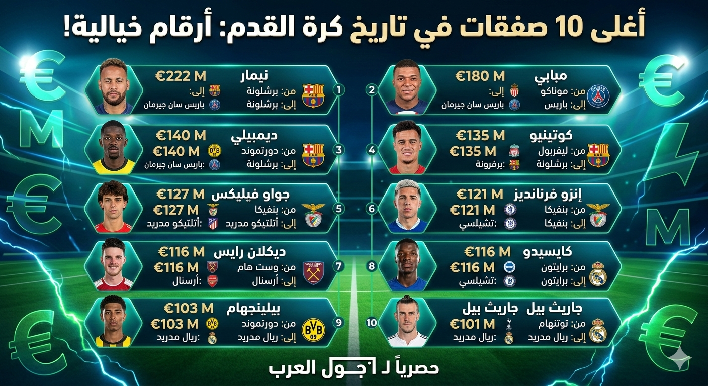 أغلى 10 صفقات في تاريخ كرة القدم 2026.. أرقام خيالية وصدمات لن تصدقها!