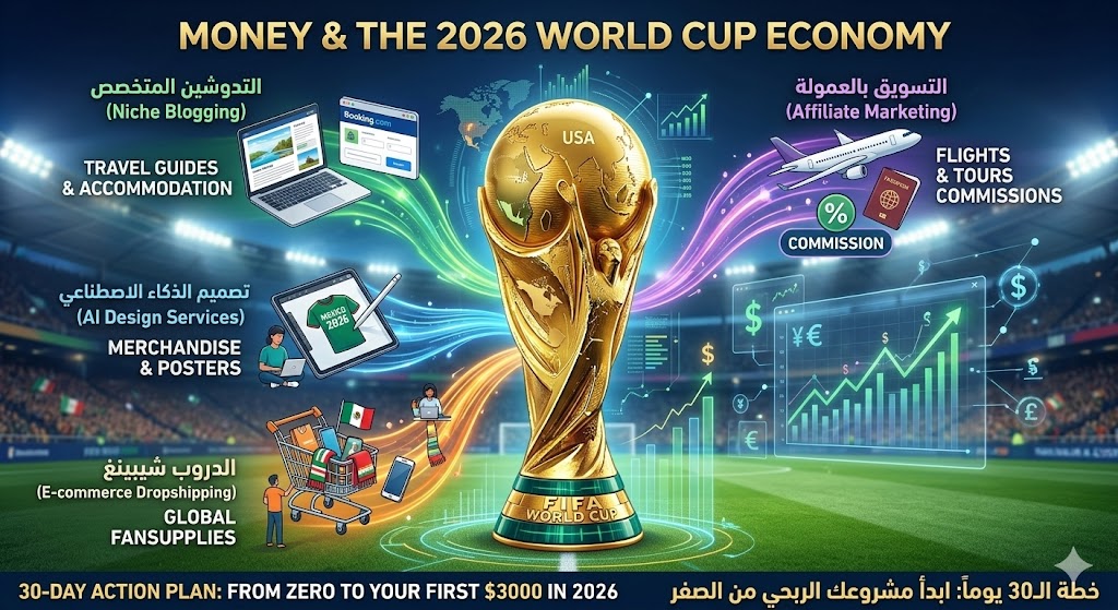 أسرار السيو 2026: أفضل 10 نيشات مربحة في مونديال أمريكا لم يخبرك بها أحد! 2026 FIFA World Cup USA Canada Mexico flags futuristic stadium