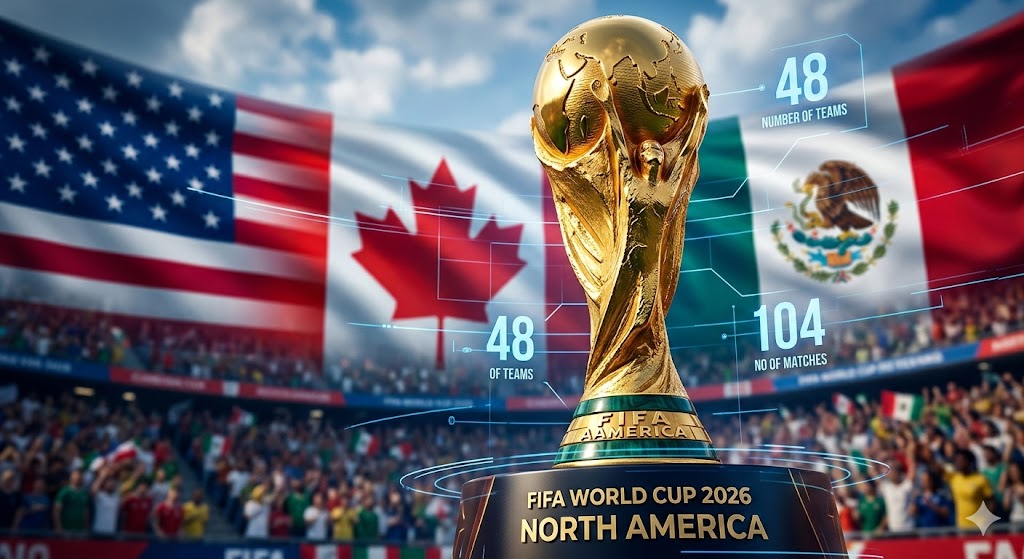 FIFA World Cup 2026 trophy with subtle USA, Canada, and Mexico